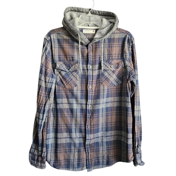 Retrofit Casual Button Up Long Sleeve Hoodie Mens Size Medium Blue Brown - Picture 1 of 9